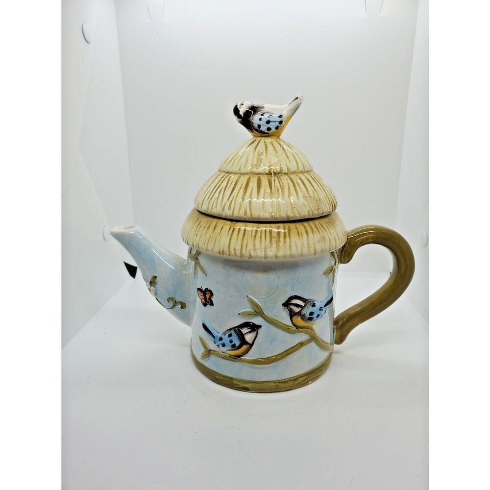 Vintage Bird Teapot Cottagecore Thatched Roof Hand Painted Cottage Tea Pot 6.5"